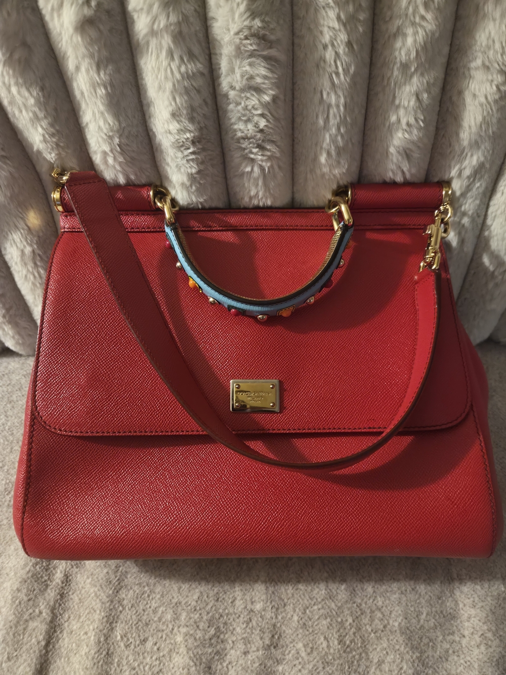 Dolce & Gabbana Red Leather Satchel with Blue-Trim Handle